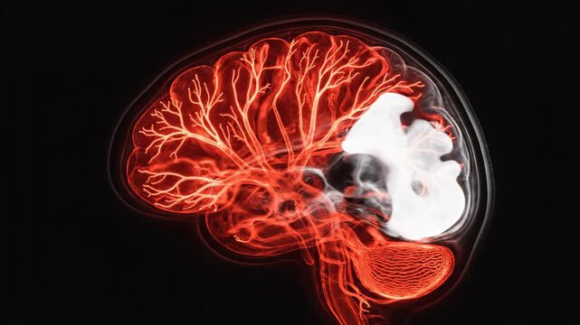 High-contrast digital illustration visualizing intricate human brain vasculature and damage in intense red against black.