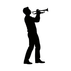 silhouette of a man playing the trumpet against a white background