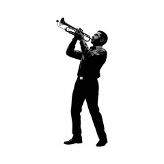 silhouette of a man playing the trumpet against a white background