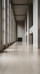 Obraz premium Tall modern interior hall features long line of windows casting dramatic shadows across polished wooden floor