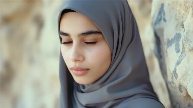 A young woman wearing a hijab gazes thoughtfully at the camera with her reflection captured on a smooth surface. Her attire is modest and she has dark, expressive eyes.