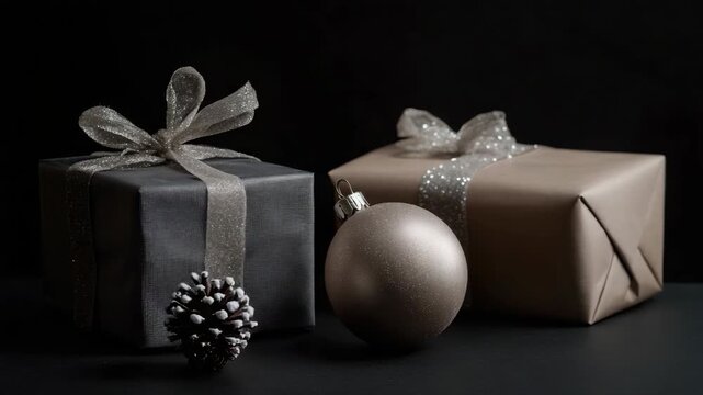 Close-up of three gift boxes wrapped in different colors with shiny metallic ribbons tied into bows, topped with small decorative spheres.