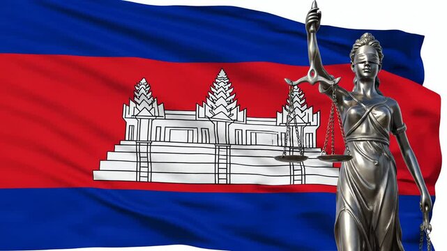 Cambodia flag waving with Lady Justice statue animation