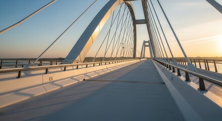 Obraz premium Modern cable stayed bridge structure extends across water during golden hour sunlight