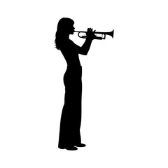 silhouette of a woman playing the trumpet against a white background