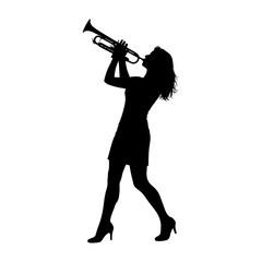 silhouette of a woman playing the trumpet against a white background
