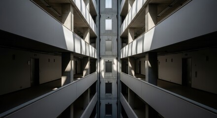 Symmetrical modern building interior showcases strong contrasts between sunlit and shadowed architectural elements