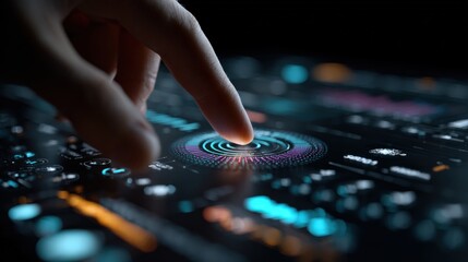 Fototapeta premium A human finger interacting with an illuminated, high-tech interface, showcasing modern technology. ..Created with Generative AI, not depicting real subjects.