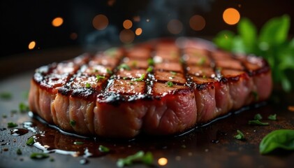 Perfectly seared steak, seasoned, grilling sparks, flame, juicy, culinary