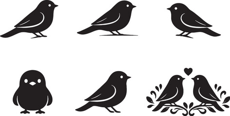 Garden Birds Silhouette Icon Set Black and White