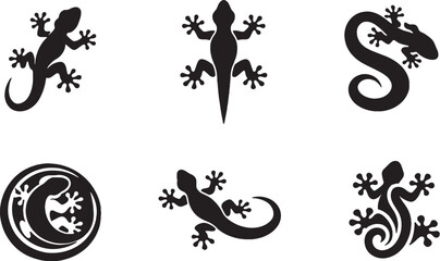 Fototapeta premium Gecko Decorative Icon Set Black and White Reptile Silhouettes