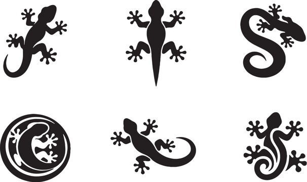 Gecko Decorative Icon Set Black and White Reptile Silhouettes