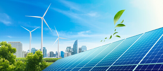 clean energy for smart city. wind turbine and solar panel.green leaf blowing in sky.renewable energy to businesses, people. symbolize green energy technology in a sustainable city skyline © noppadon