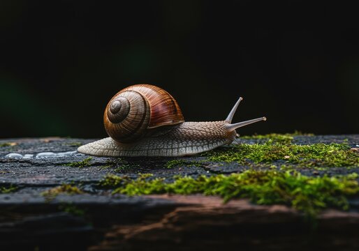 A common garden snail slowly glides across damp moss and wet wood, leaving a glistening mucus trail in its wake ,spiral ,detailed ,antenna