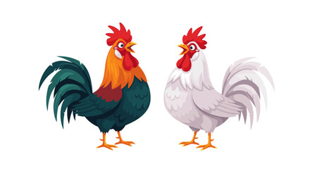 Fototapeta premium Two roosters standing side by side on a white background, one with dark green feathers and the other in pure white for contrast.