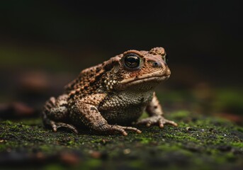Obraz premium A macro shot of a brown warty toad sitting calmly on damp moss and soil in a natural environment, displaying its unique texture and large eye ,soil ,outdoor ,detail