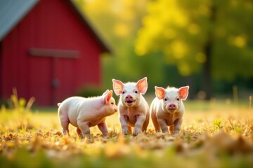 Piglets frolic amidst golden hay Red barn backdrop, vibrant green trees, sunny day , hay, livestock, red