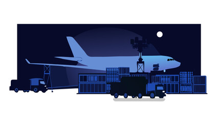 Naklejka premium Silhouette of a large cargo plane being loaded with containers at night, logistics and international air freight concept.