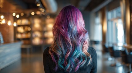 Fototapeta premium Woman with multicolored hair color and a ombre effect in a modern salon, viewed from the back.