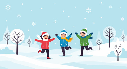 Naklejka premium Cheerful group of young children in warm winter clothes are running and jumping happily in a snowy landscape with white trees.