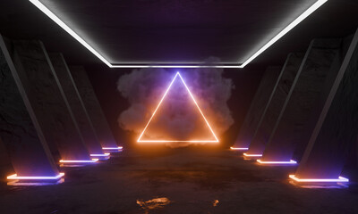 Futuristic dark tunnel, corridor with neon signs, wet asphalt. Dark concrete grunge room, spaciousness. 3D rendering illustration