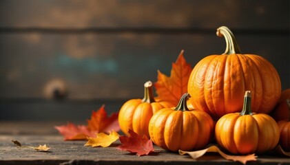 Pile of pumpkins, autumn leaves, rustic wood background, pumpkins, fall decorations, stock photo
