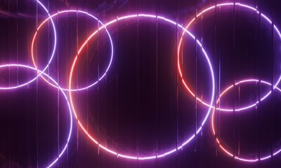 Neon circles, abstract glass wall. Space, stage. 3D rendering illustration