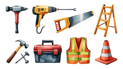 A collection of tools and safety equipment for construction work