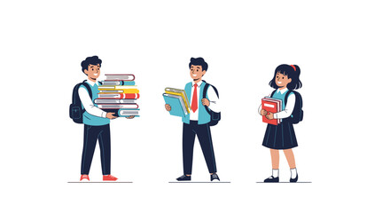 Three diverse school students in blue uniforms holding heavy stacks of books on a clean white background during study time.