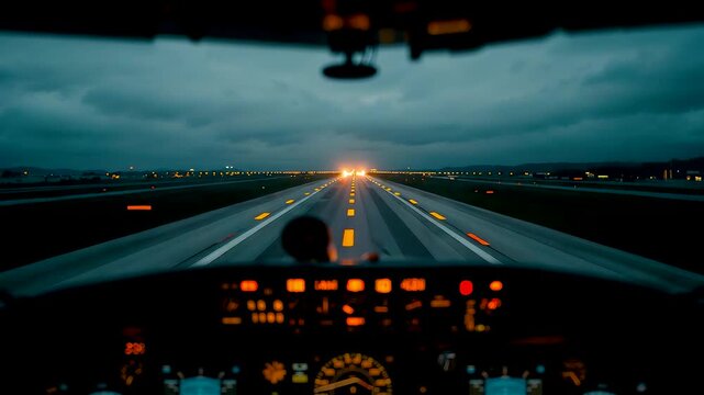 Pilot View from Aircraft Cockpit During Night Runway Takeoff with Instrument Panels Guiding a Jetliner Toward the Horizon