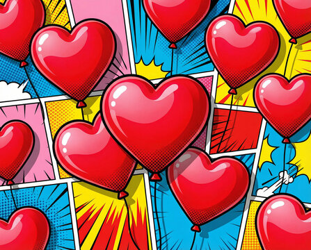 Globos en forma de coraz&oacute;n estilo pop art vibrante con patrones tipo c&oacute;mic, dia de san valentin