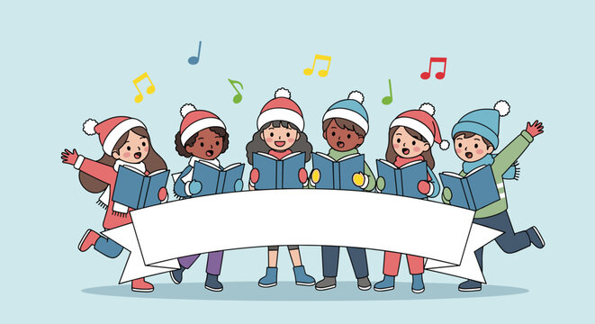 Group of diverse children wearing winter hats singing Christmas carols together with songbooks and bright musical notes.