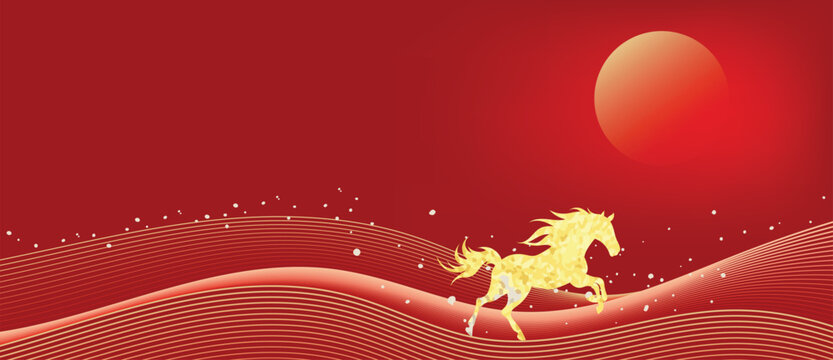 Chinese New Year luxury running horse vector background with red waves and gold sparkles. Elegant festive design for banners, posters, invitations and greeting cards.
