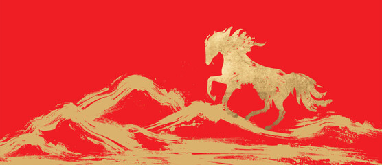 Fototapeta na wymiar Chinese New Year luxury horse zodiac vector background with red space and gold brush texture. Premium festive design for posters, greeting cards, banners and covers.