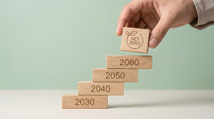 Sustainable future concept with hand adding Net Zero block to yearly timeline stack
