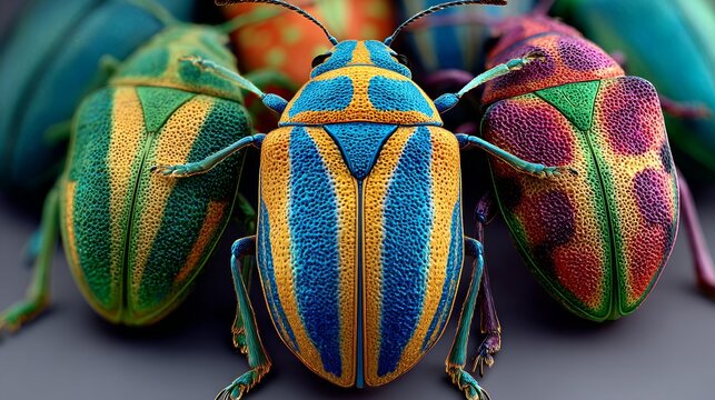Brightly colored beetles and butterflies layered together in a vibrant display, showcasing intricate patterns and textures, captured in ultra-photorealistic detail with softbox studio lighting and hig