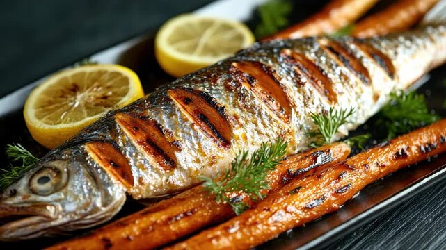 The showcases a mouthwatering grilled meal featuring fish fillets and vegetables such as carrots and lemon wedges. The dish appears fresh, cooked to perfection