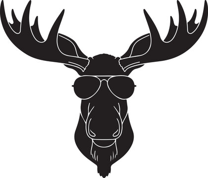 Cool moose wearing aviator sunglasses with large antlers, a stylish black silhouette graphic