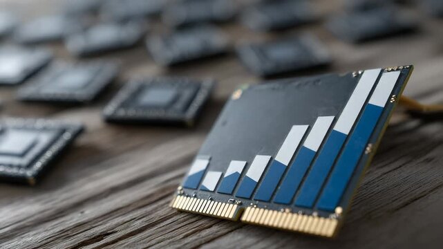135Close-up of DDR5 RAM module angled upward on a wooden surface, perspective making it appear elevated, symbolic composition of climbing prices and technological advancement