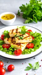 Close-up view of grilled cheese blocks with cherry tomatoes and greens on a white plate. Olive oil sits nearby
