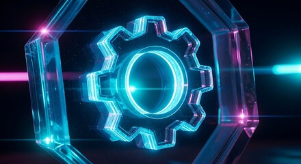 Glowing blue gear surrounded by futuristic neon lights and lenses