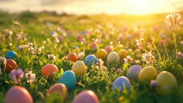 A serene morning scene with vibrant Easter eggs nestled among blooming wildflowers.