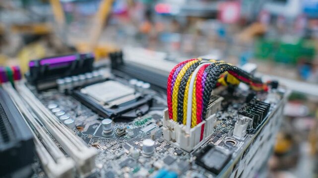 141Close-up of colorful internal wires sticking out of an open PC case, red, yellow, and black power cables spilling outward, braided textures and plastic insulation clearly visible,