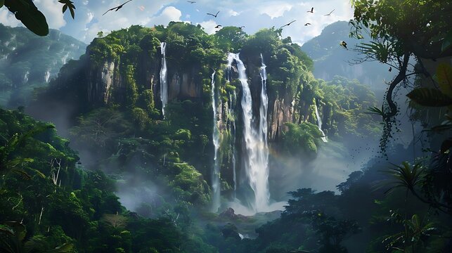 A breathtaking waterfall framed by towering cliffs and dense jungle foliage with birdsong filling the air and adding to the sense of natural wonder