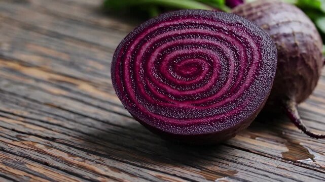 Close-up video of a sliced beetroot on rustic wooden surface. The top-down angle highlights the vibrant rings and textures, emphasizing natural beauty.