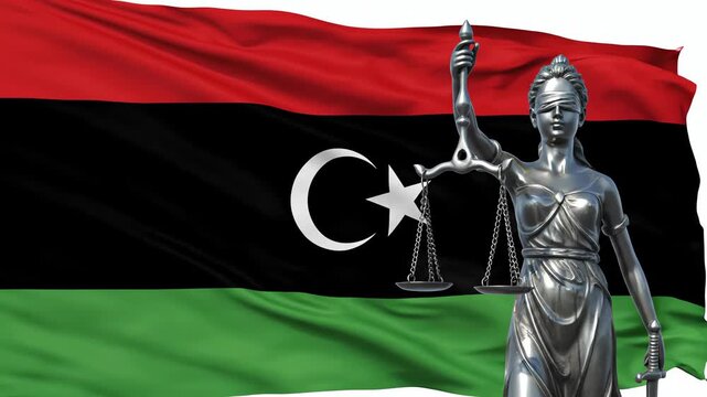 Lady Justice Statue with Libyan Flag Waving in the Background