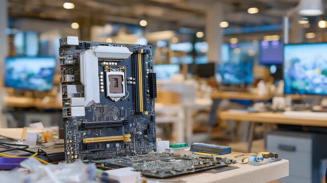 147Close-up of an open system unit on a desk, loose SATA and power cables hanging outside the case, visible motherboard edge, realistic repair or upgrade scene, neutral workshop light