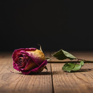 Dried and decaying rose isolated on a stark, dusty wooden surface, representing the finality of singleness and lost connections ,single ,forever ,dusty