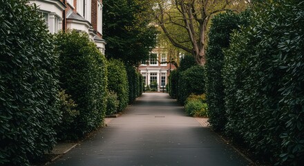 Obraz premium Elegant architectural features of a quiet, upscale neighborhood path, defined by lush green foliage and mature laurel plantings along the drive ,street ,bush ,community