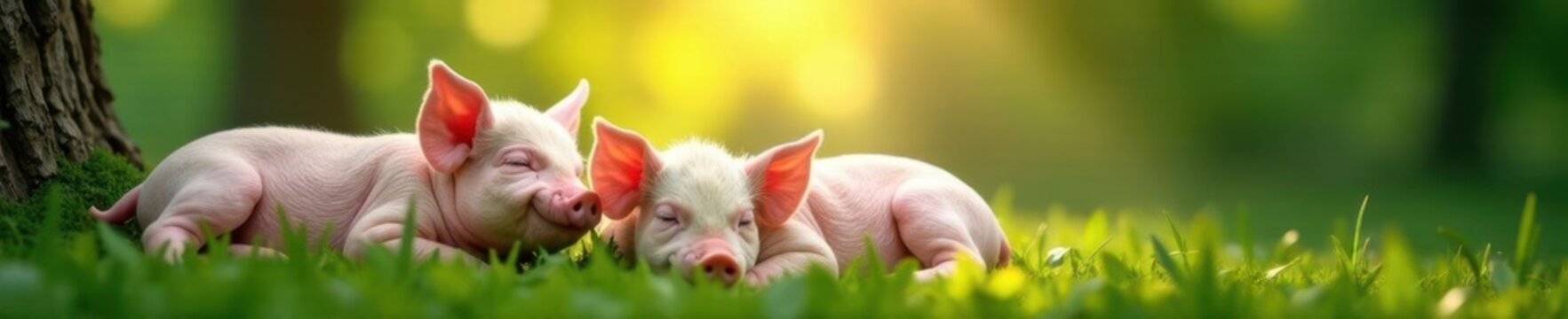 Pink piglets snoozing soundly beneath leafy tree's shade , piglets, agriculture, farm